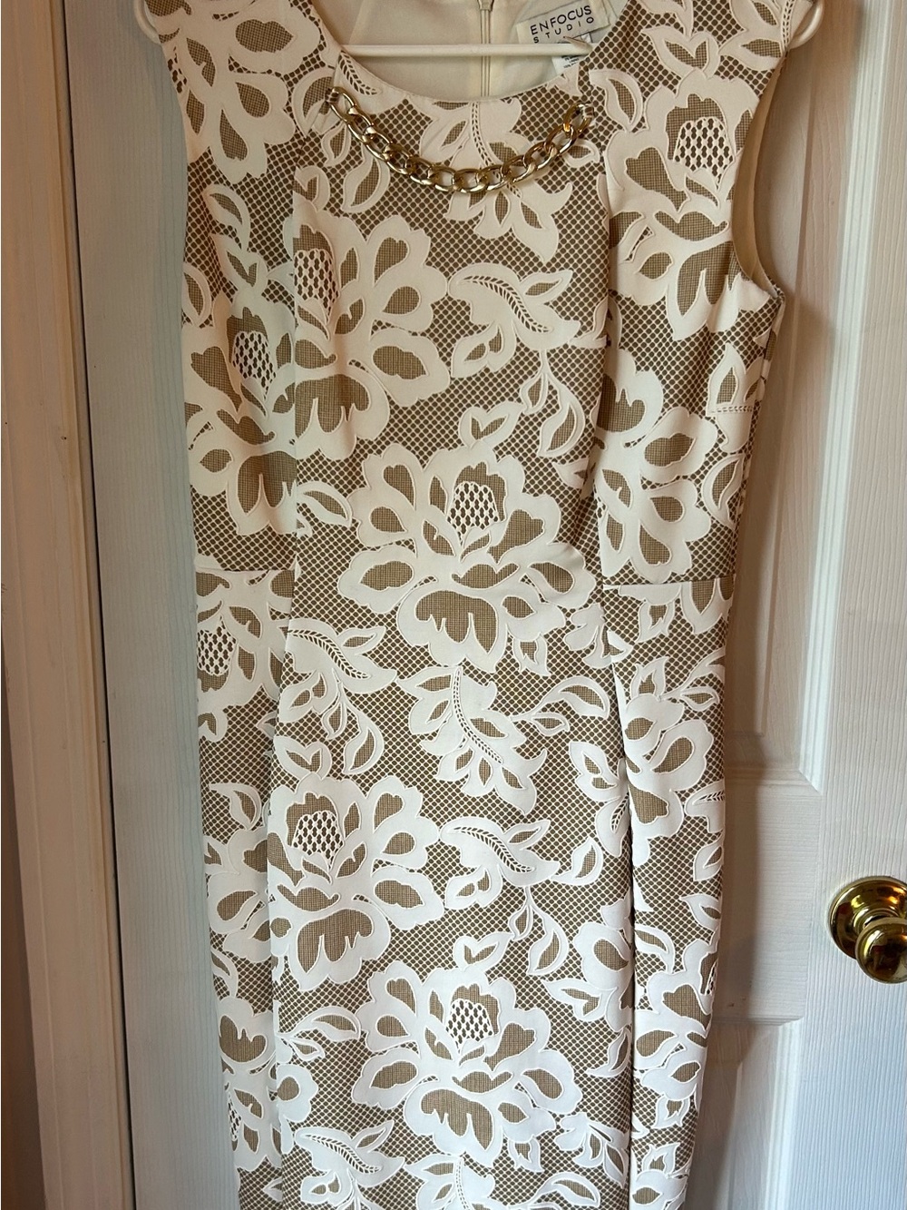 Enfocus Studio Cream and Taupe Floral Sheath with Gold Chain Trim